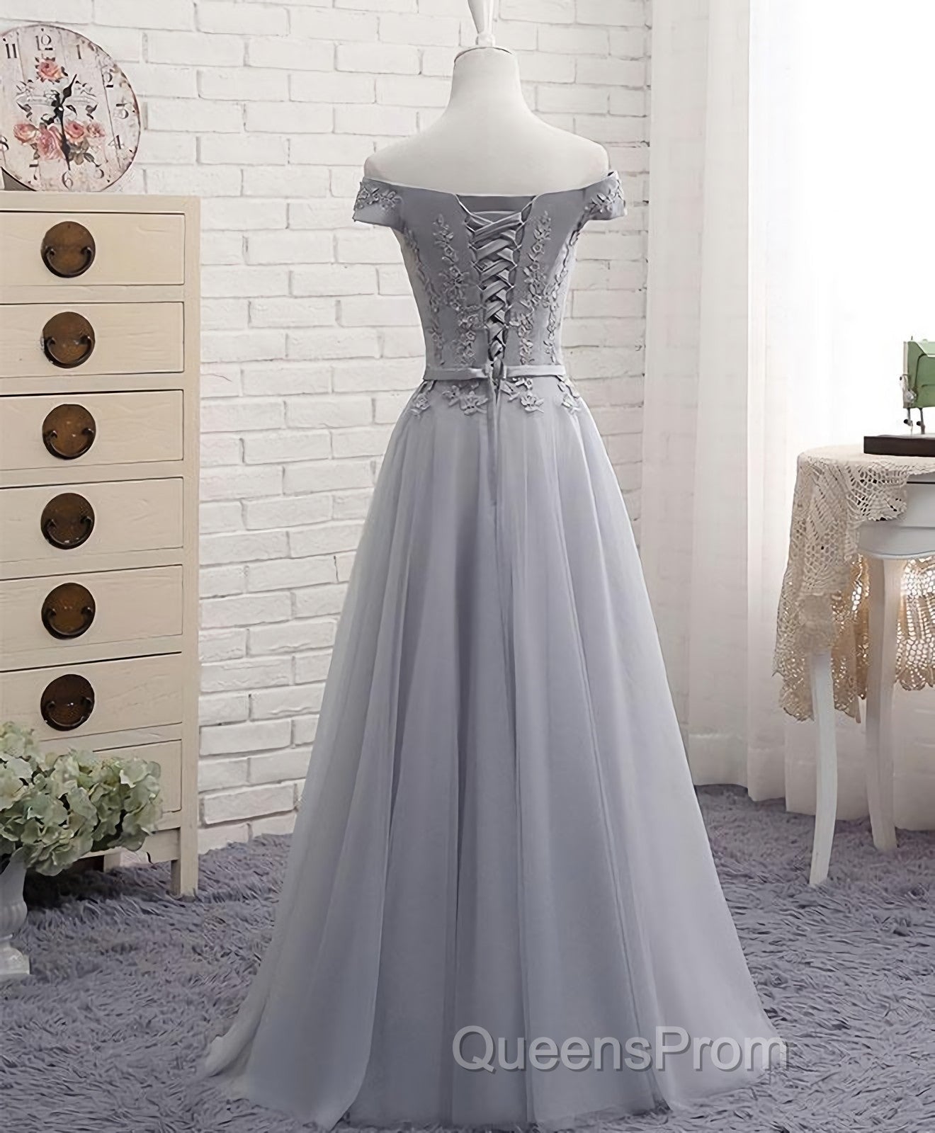 Gray A Line Lace Off Shoulder Evening Prom Dress, Lace Evening Dress Secondary image
