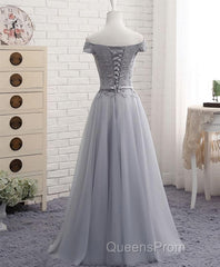 Gray A Line Lace Off Shoulder Evening Prom Dress, Lace Evening Dress