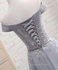 Gray A Line Lace Off Shoulder Evening Prom Dress, Lace Evening Dress