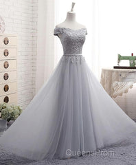 Gray A Line Lace Off Shoulder Evening Prom Dress, Lace Evening Dress