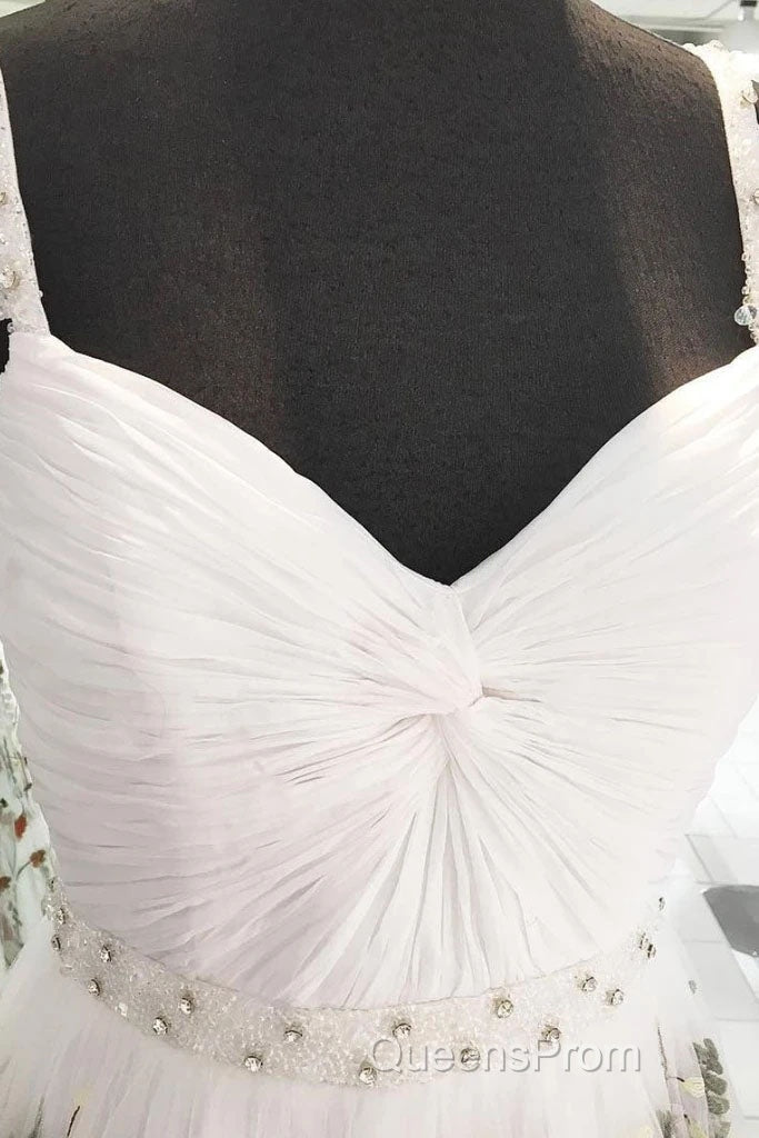 White Straps Floor Length Long Evening Prom Dress with Lace Flowers Formal Dress Secondary image