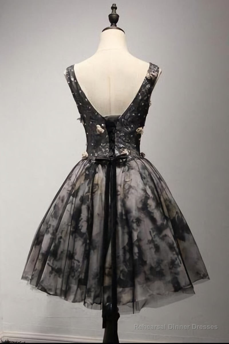 V Neck Short Black Lace Homecoming Prom Dresses, Short Party Prom Dresses Main image