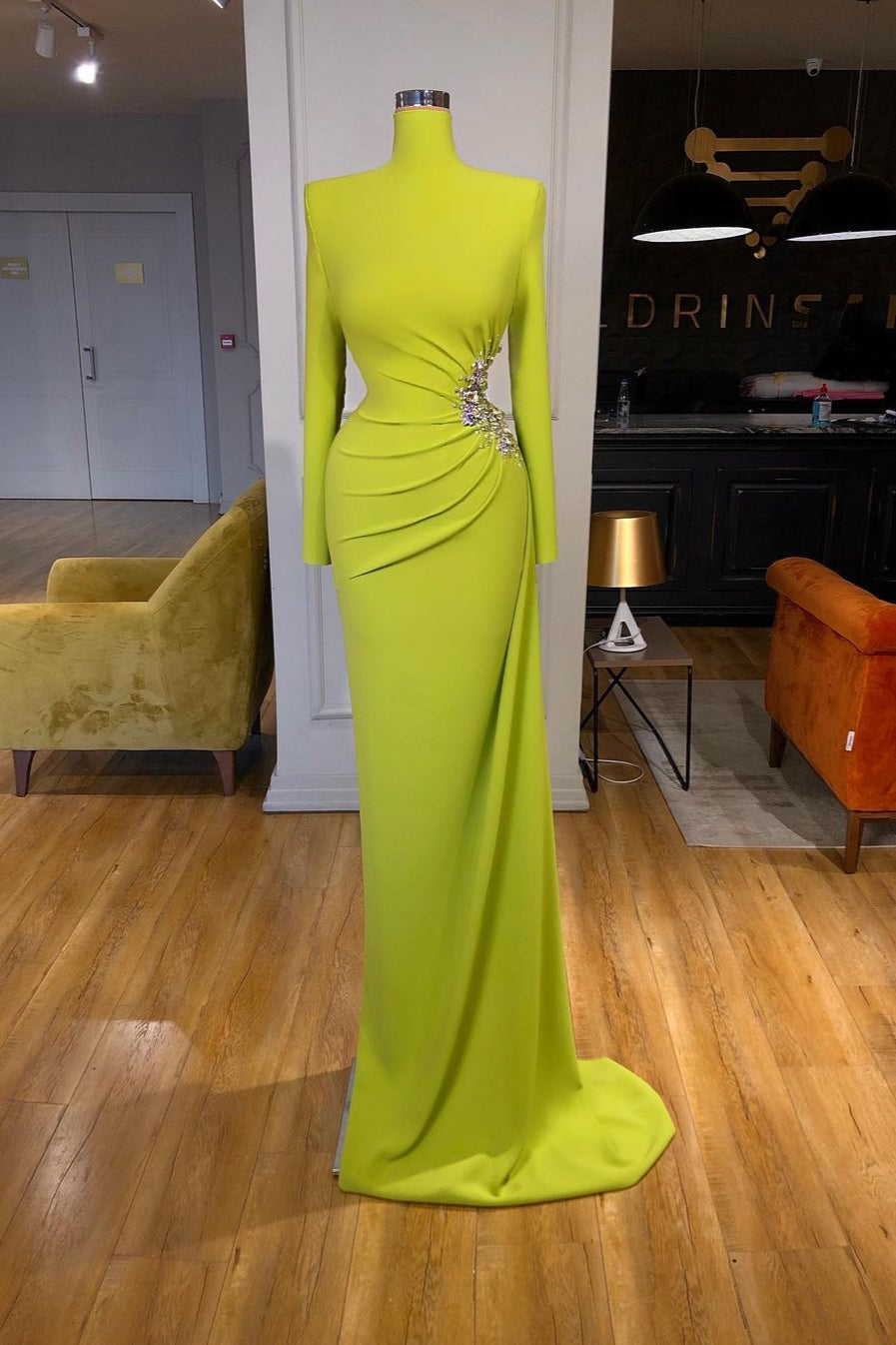 Ginger Yellow High-Neck Long-Sleeves Metallic Beaded Mermaid Prom Dress Main image