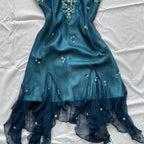 Blue Floral Beaded Short Halter Chiffon Homecoming Dress Birthday Party Dress