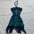 Blue Floral Beaded Short Halter Chiffon Homecoming Dress Birthday Party Dress