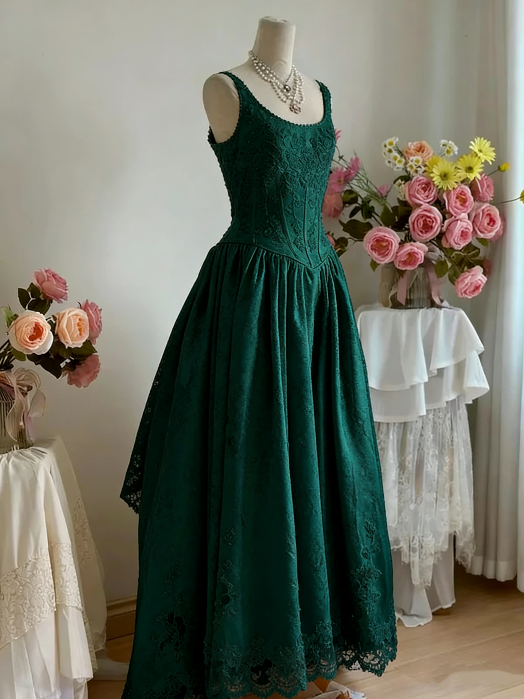 White Lace Retro Elegant Long Satin Dress