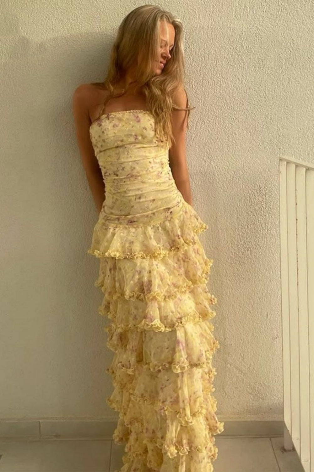 Yellow Floral Long Chiffon Party Dress Wedding Guest Dress