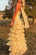 Yellow Floral Long Chiffon Party Dress Wedding Guest Dress