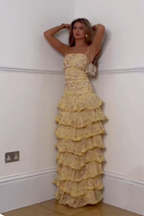 Yellow Floral Long Chiffon Party Dress Wedding Guest Dress