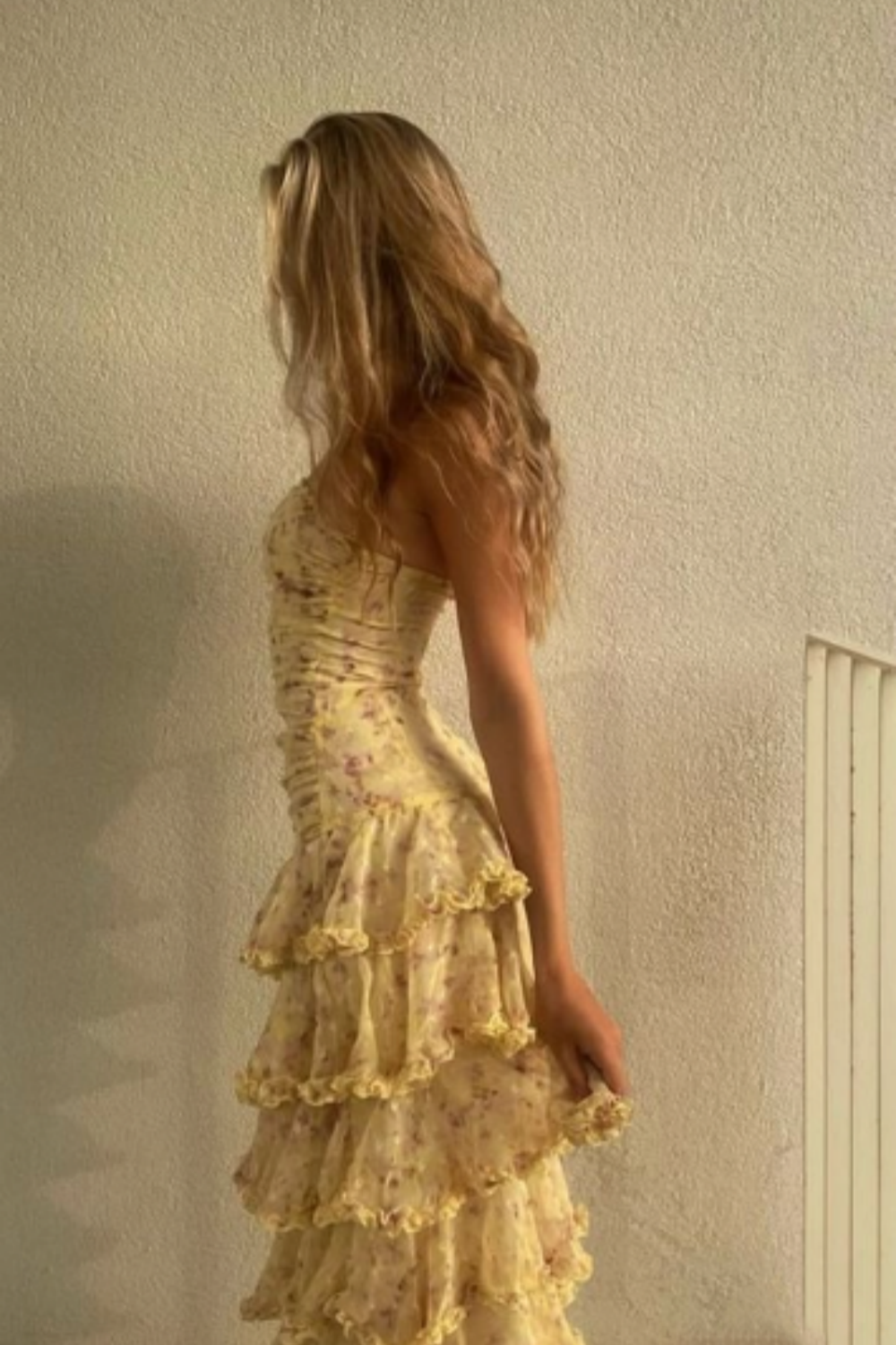 Yellow Floral Long Chiffon Party Dress Wedding Guest Dress