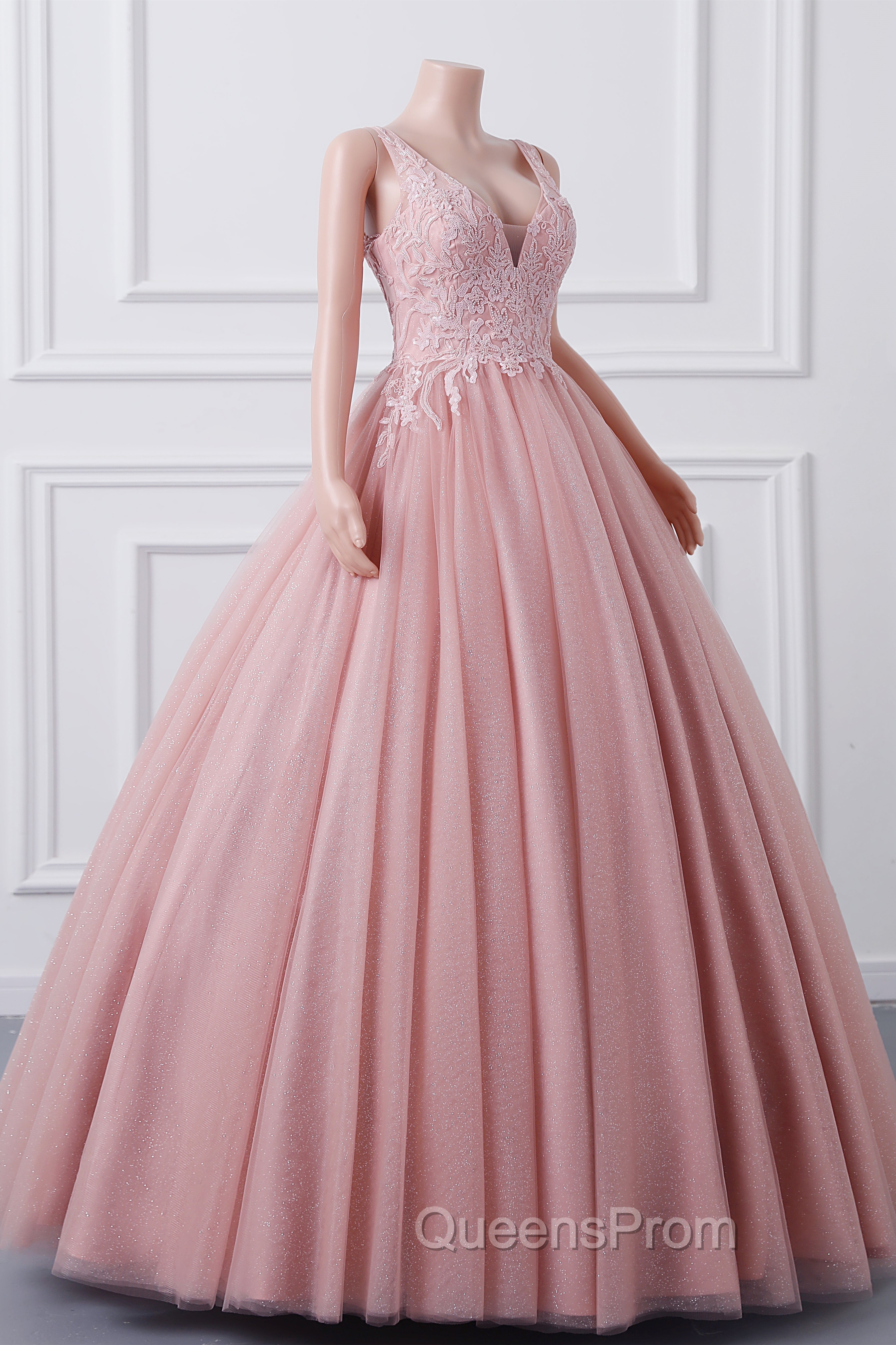 Girls Sequins V neck Dusty Rose Evening Prom Dress A-line Tulle Ball Gown Quinceanera Dress Sweet 16 Party Dress Secondary image