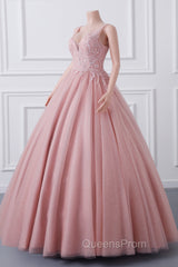 Girls Sequins V neck Dusty Rose Evening Prom Dress A-line Tulle Ball Gown Quinceanera Dress Sweet 16 Party Dress