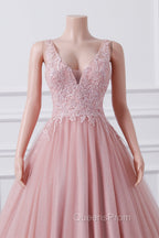 Girls Sequins V neck Dusty Rose Evening Prom Dress A-line Tulle Ball Gown Quinceanera Dress Sweet 16 Party Dress