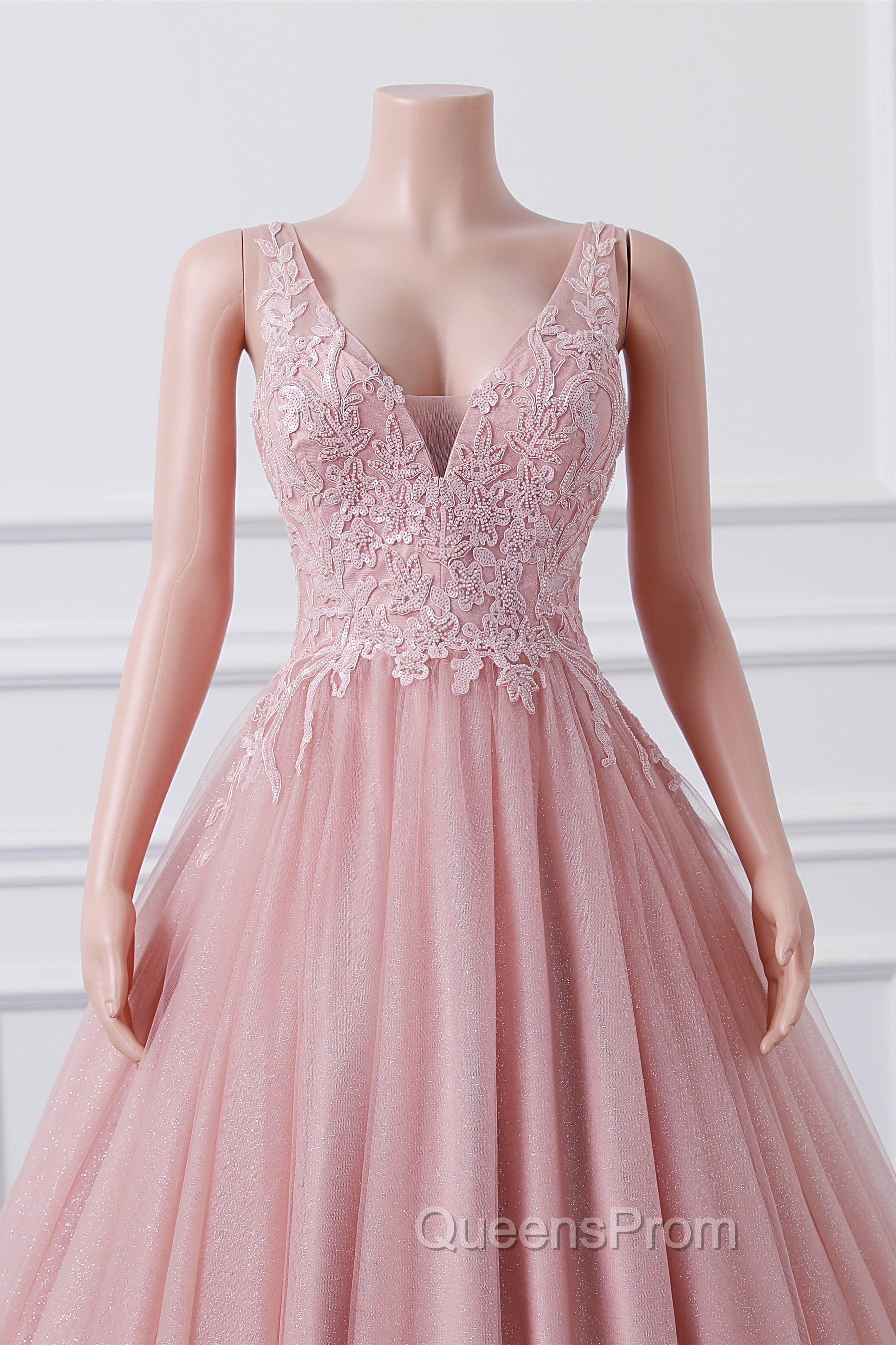 Girls Sequins V neck Dusty Rose Evening Prom Dress A-line Tulle Ball Gown Quinceanera Dress Sweet 16 Party Dress