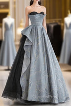 Glam A-line Blue-Grey Sweetheart Long Party Dress, Floor Length Tulle Evening Prom Dress Evening Dress