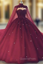 Glam Ball Gown Quinceanera Dress Lace Applique Beaded Cape, Wine Red Evening Dress Party Gowns