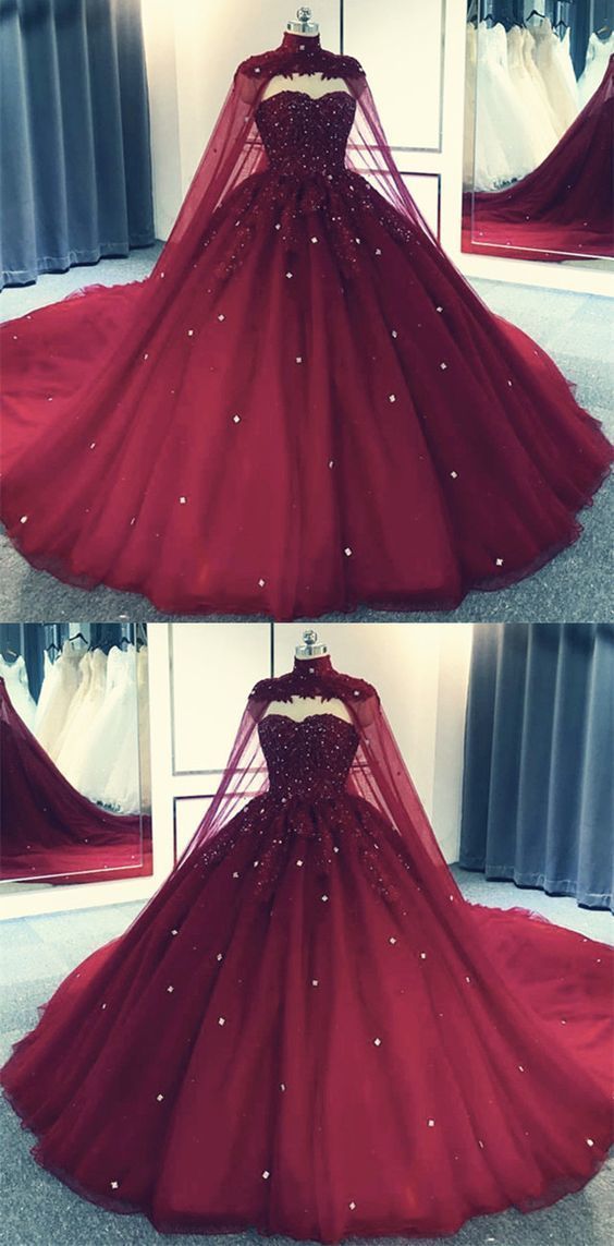 Glam Ball Gown Quinceanera Dress Lace Applique Beaded Cape, Wine Red Classy Dress Party Gowns Secondary image