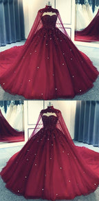 Glam Ball Gown Quinceanera Dress Lace Applique Beaded Cape, Wine Red Classy Dress Party Gowns