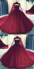 Glam Ball Gown Quinceanera Dress Lace Applique Beaded Cape, Wine Red Formal Dress Party Gowns