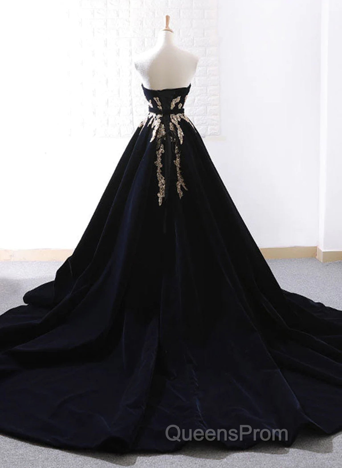 Glam Black Velvet Long Formal Gown With Gold Lace, Black Velvet Evening Prom Dress Evening Dress Secondary image