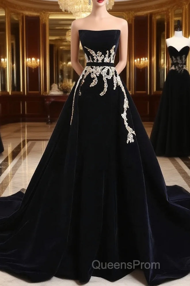 Glam Black Velvet Long Formal Gown With Gold Lace, Black Velvet Evening Prom Dress Evening Dress Main image
