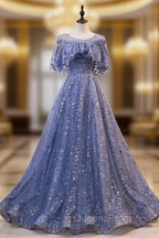 Glam Blue Off Shoulder Lace-up Long Evening Dresss Party Dress, Blue Wedding Party Dress Evening Prom Dress