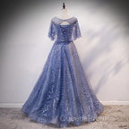 Glam Blue Off Shoulder Lace-up Long Evening Dresss Party Dress, Blue Wedding Party Dress Evening Prom Dress