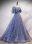 Glam Blue Off Shoulder Lace-up Long Evening Dresss Party Dress, Blue Wedding Party Dress Evening Prom Dress