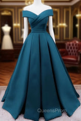 Glam Blue Satin Long Off Shoulder Party Dress, A-line Evening Prom Dress