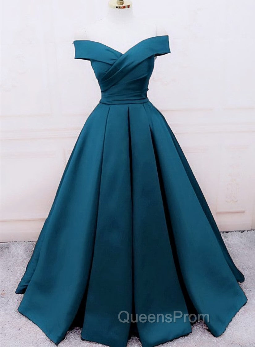 Glam Blue Satin Long Off Shoulder Party Dress, A-line Evening Prom Dress Main image