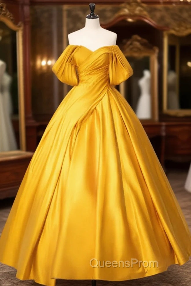 Glam Gold Satin Ball Gown Floor Length Evening Dress, Gold Evening Prom Dress Party Dress Main image