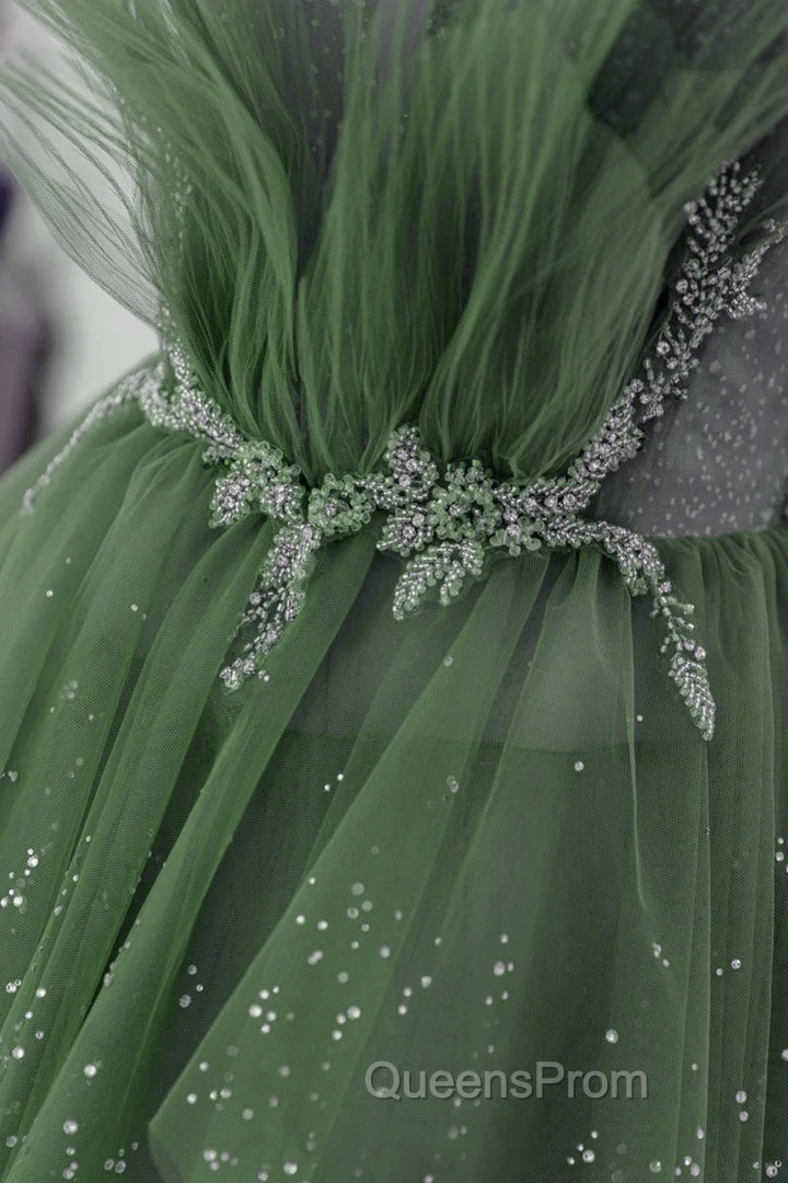 Glam Green Layers Tulle Straps Beaded Long Party Dress, Green Long Evening Dress Secondary image
