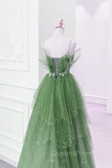 Glam Green Layers Tulle Straps Beaded Long Party Dress, Green Long Evening Dress