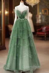 Glam Green Layers Tulle Straps Beaded Long Party Dress, Green Long Evening Dress