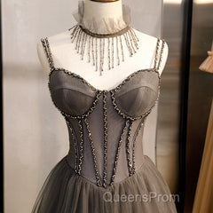 Glam Grey Beaded Tulle Long Evening Dress Party Dress, A-Line Straps Evening Formal Dress