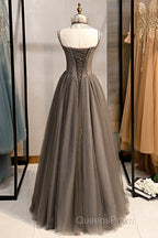 Glam Grey Beaded Tulle Long Evening Dress Party Dress, A-Line Straps Evening Formal Dress
