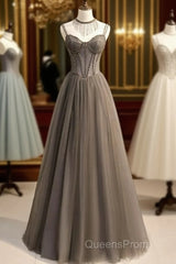 Glam Grey Beaded Tulle Long Evening Dress Party Dress, A-Line Straps Evening Formal Dress