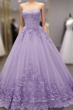 Glam Light Purple Sweet 16 Gown Tulle with Lace Applique, Lavender Tulle Evening Gowns