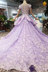 Glam Light Purple Tulle With Lace Applique Sweet 16 Dress, Light Purple Evening Prom Dress