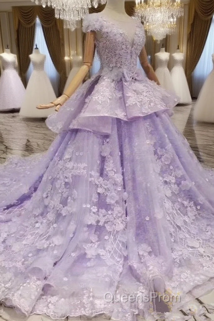 Glam Light Purple Tulle With Lace Applique Sweet 16 Dress, Light Purple Evening Prom Dress Main image