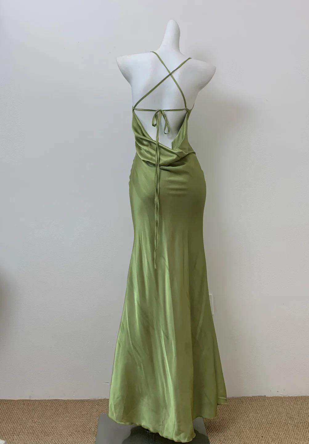 Glam Olive Green Spaghetti Straps Mermaid Satin Long Classy Prom Dress Classy Evening Gowns With Backless Secondary image