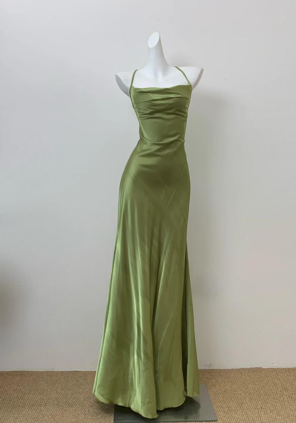 Glam Olive Green Spaghetti Straps Mermaid Satin Long Classy Prom Dress Classy Evening Gowns With Backless