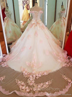 Glam Pink Flowers Tulle Off Shoulder Sweet 16 Dress, Ball Gown Evening Dress