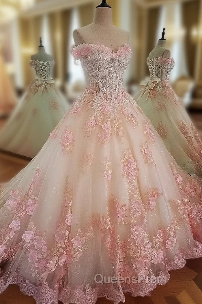 Glam Pink Flowers Tulle Off Shoulder Sweet 16 Dress, Ball Gown Evening Dress Main image