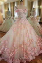 Glam Pink Flowers Tulle Off Shoulder Sweet 16 Dress, Ball Gown Evening Dress