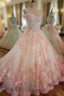 Glam Pink Flowers Tulle Off Shoulder Sweet 16 Dress, Ball Gown Evening Dress