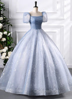 Glam Tulle  Floor Length Evening Prom Dress, Beautiful Short Sleeves Sweet 16 Dress