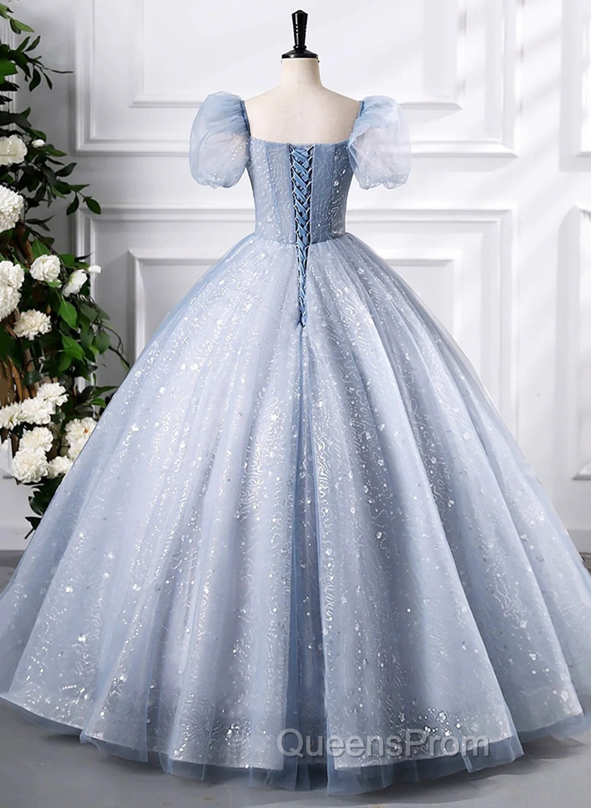 Glam Tulle  Floor Length Evening Prom Dress, Beautiful Short Sleeves Sweet 16 Dress