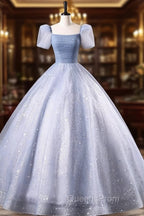 Glam Tulle  Floor Length Evening Prom Dress, Beautiful Short Sleeves Sweet 16 Dress