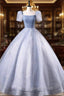 Glam Tulle  Floor Length Evening Prom Dress, Beautiful Short Sleeves Sweet 16 Dress